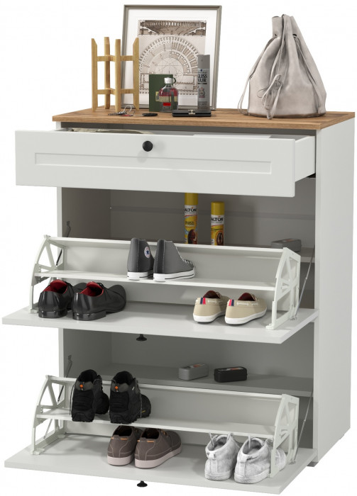 Остин 16.121 Тумба для обуви, цвет белый шагрень/дуб крафт золотой, ШхГхВ 80х41,6х99,3 см.