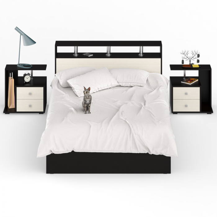 Камелия Кровать 1400 + две тумбы, цвет венге/дуб лоредо, ШхГхВ 256х217х78,2 см., сп.м. 1400х2000 мм., без матраса, основание есть