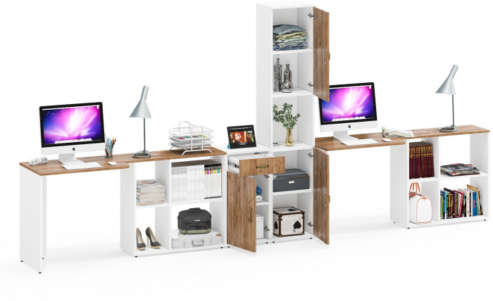 Лидер-8 Стол + Стол + Пенал + Тумба МД 3.15, цвет белый шагрень/крафт золото, ШхГхВ 410х50/30х75/190 см. или 230х50/160х75/190 см., НЕ универс. сборка