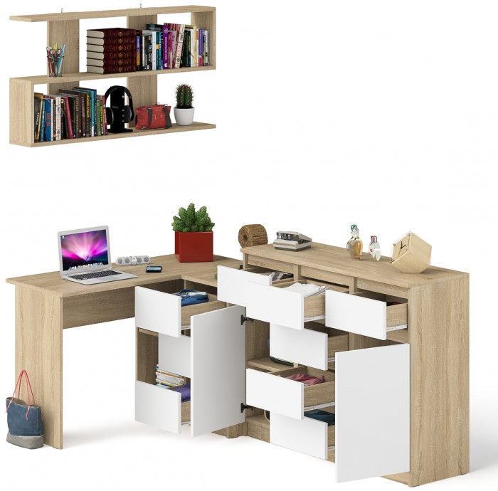 Мори компьютерный стол МС-16 правый + Комод МК1200.4 + Полка 1200, дуб сонома/белый