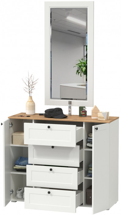 Остин 16.221 Комод + 17.03 Зеркало, цвет белый шагрень/дуб крафт золотой, ШхГхВ 120х41,9х229,6 см.