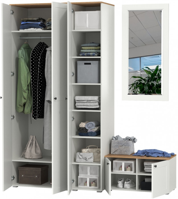 Остин Прихожая 42, цвет белый шагрень/дуб крафт золотой, ШхГхВ 200х54,3х229,6 см., универсальная сборка