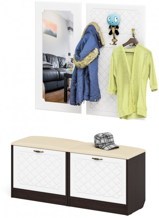 Прихожая П-6 Компоновка № 02, цвет венге/фасады МДФ белое дерево фрезеровка ромб, ШхГхВ 120х35х200 см.