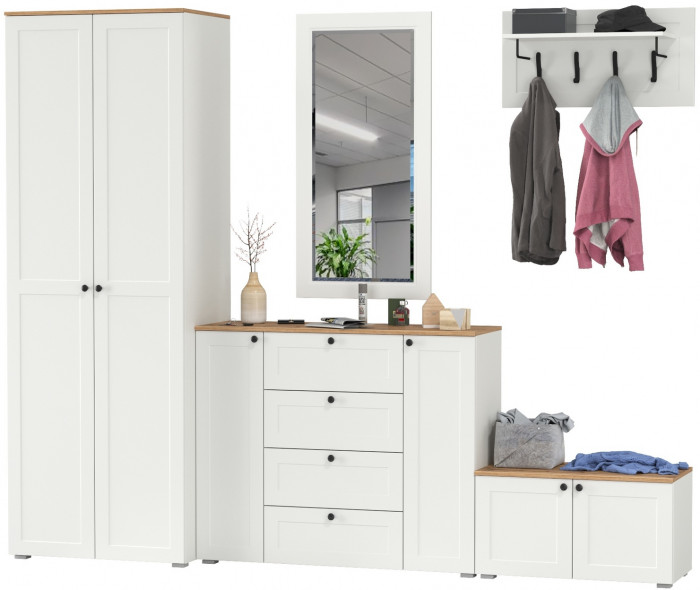 Остин Прихожая 53, цвет белый шагрень/дуб крафт золотой, ШхГхВ 280х54,3х229,6 см., универсальная сборка