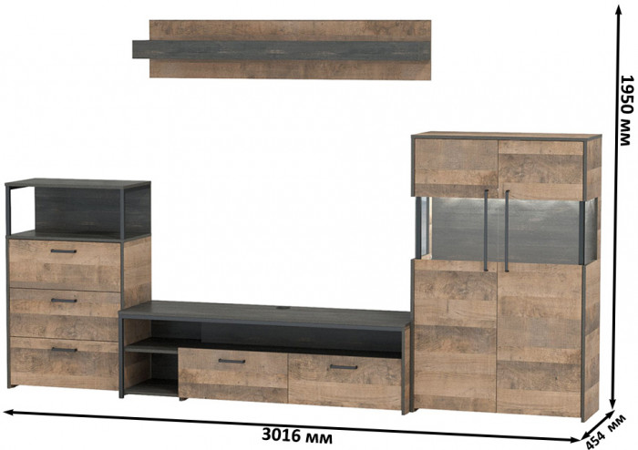 Трувор Гостиная 065, цвет дуб гранж песочный/интра, ШхГхВ 301,6х45,4х195 см., универсальная сборка