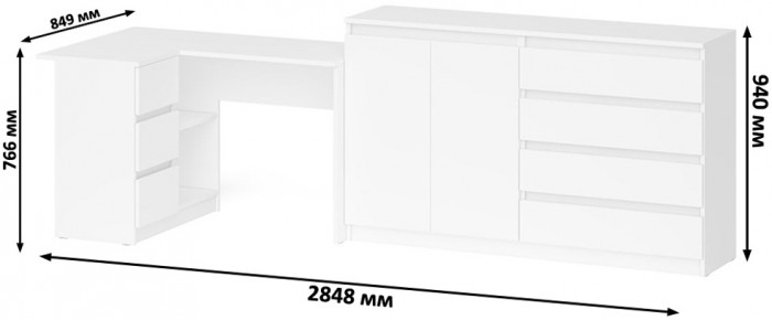 Мори Стол компьютерный МС-16 левый + Комод МК1600.1, цвет белый, ШхГхВ 284,8х84,9х94 см., выдвижные ящики слева, НЕ универсальная сборка