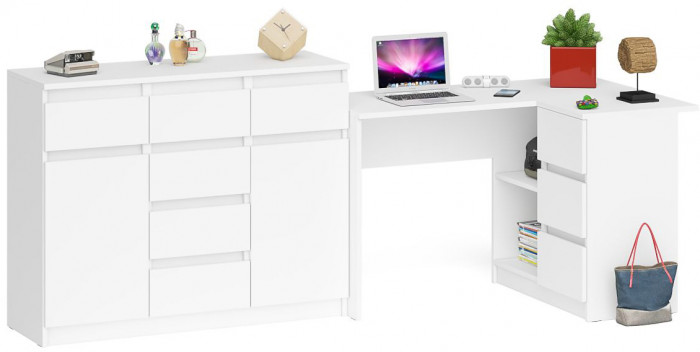 Мори Стол компьютерный МС-16 правый + Комод МК1200.4, цвет белый, ШхГхВ 244,8х84,9х94 см., выдвижные ящики справа, НЕ универсальная сборка
