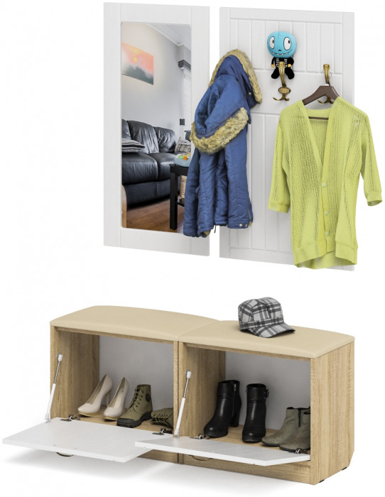 Прихожая П-6 Компоновка № 02, цвет дуб сонома/фасады МДФ белое дерево фрезеровка прованс, ШхГхВ 120х35х200 см.