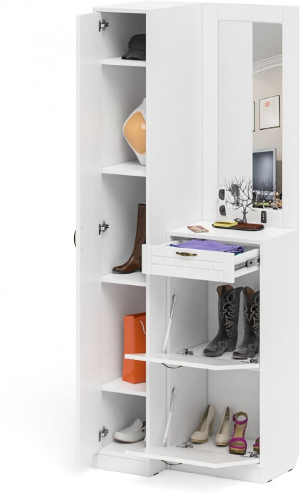 Прихожая П-6 Компоновка № 43, цвет белая шагрень/фасады МДФ белое дерево фрезеровка прованс, ШхГхВ 80х50х210 см., универсальная сборка