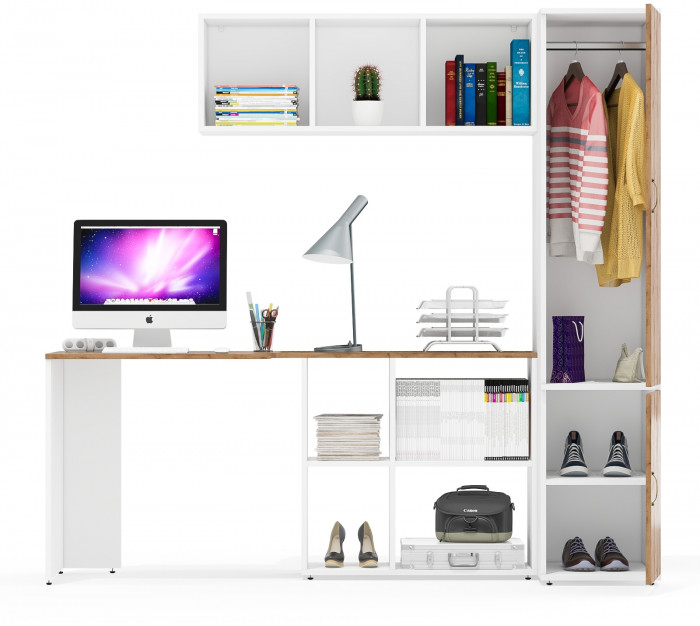 Лидер-8 Стол + Полка + Пенал МД 23Б, белый шагрень/крафт золото