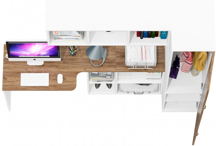 Лидер-8 Стол + Полка + Пенал МД 23Б, белый шагрень/крафт золото