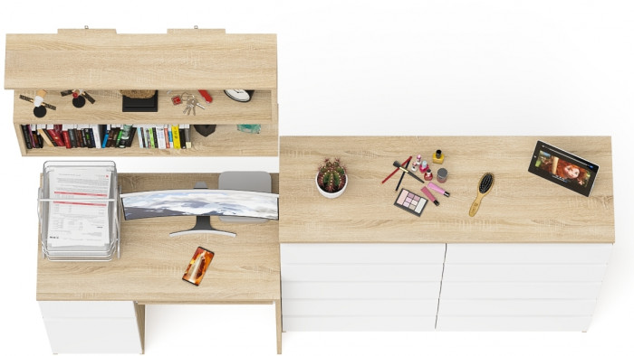 Мори компьютерный стол МС-1 левый + Комод МК1200.10 + Полка 900, дуб сонома/белый