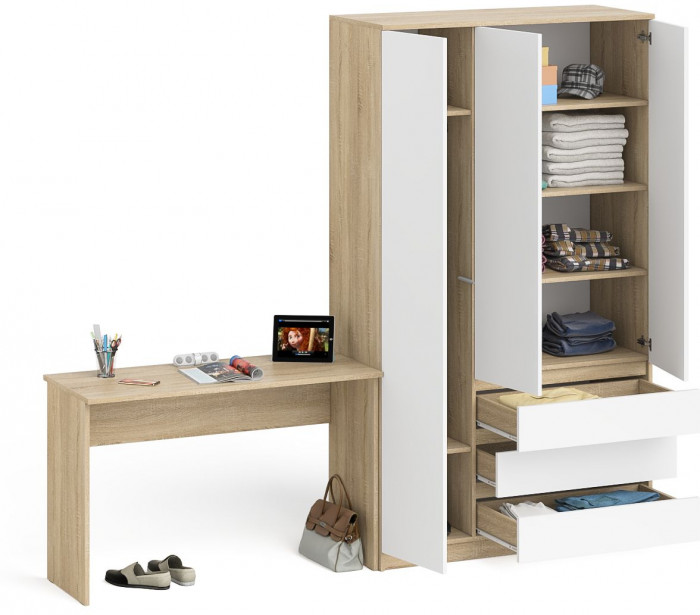 Мори Стол письменный МСП1200.1 + Шкаф МШ1200.1, цвет дуб сонома/белый, ШхГхВ 240,8х50,4х209,6 см., универсальная сборка