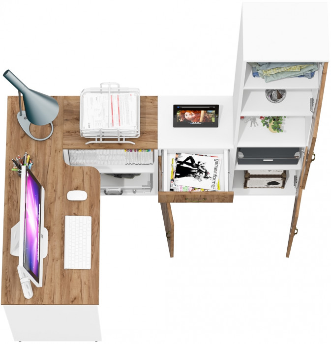 Лидер-8 Стол + Тумба МД 3.15 + Пенал, белый шагрень/крафт золото