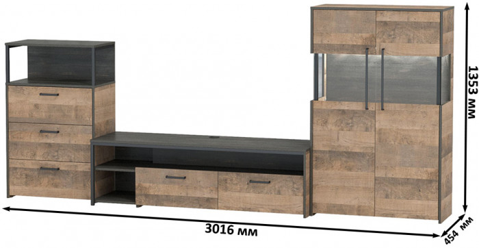 Трувор Гостиная 066, цвет дуб гранж песочный/интра, ШхГхВ 301,6х45,4х135,3 см., универсальная сборка