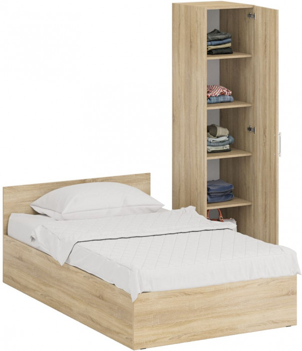 Кровать 1200 + Пенал Стандарт, цвет дуб сонома, ШхГхВ 123,5х203,5х70 + 45х52х200 см., сп.м. 1200х2000 мм., без матраса, основание есть