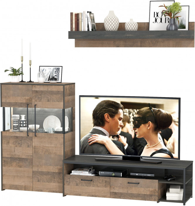 Трувор 13.70 Тумба под ТВ + 13.306 Комод с витриной + 15.60 Полка, дуб гранж песочный/интра