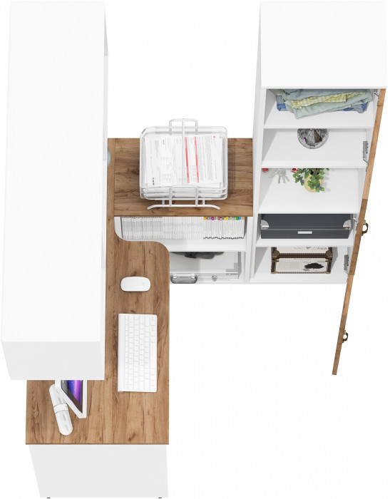 Лидер-8 Стол + Полка + Пенал, белый шагрень/крафт золото