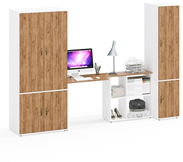 Лидер-8 Шкаф МД 19Б + Стол + Пенал 23Б, цвет белый шагрень/крафт золото, ШхГхВ 285х50/37,5х75/190 или 195х120х75/190 см., НЕ ун.сб.