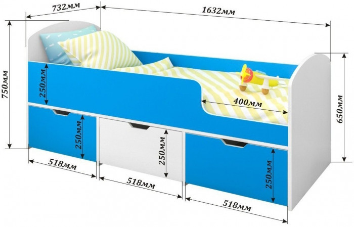 Кровать Малыш Мини (Белое дерево/Ирис)