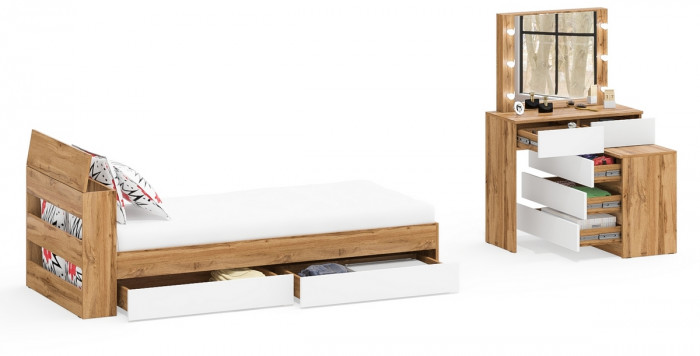 Ксения Кровать с ящиками 0900 + Стол косметический с подсветкой 110, дуб вотан/белый