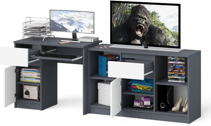 Мори Стол компьютерный МС-1 левый + Тумба МТВ1204.1, цвет графит/белый, ШхГхВ 210,4х50х76,6 см., выдвижной ящик слева, НЕ универсальная сборка