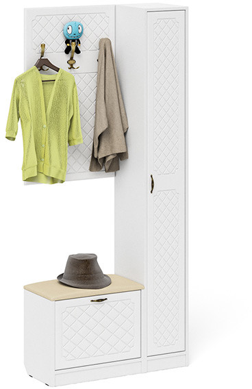 Прихожая П-6 Компоновка № 21, цвет белая шагрень/фасады МДФ белое дерево фрезеровка ромб, ШхГхВ 90х35х210 см., универсальная сборка