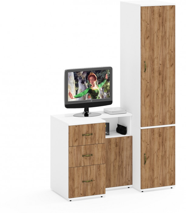 Лидер-8 Пенал МД 23Б + Тумба МД 3.16 + Тумба МД 3.19, цвет белый шагрень/крафт золото, ШхГхВ 120х50х190 см., универсальная сборка