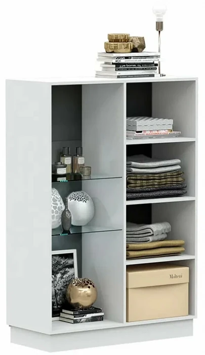 Магнолия Шкаф со стеклом низкий, белый/белый глянец