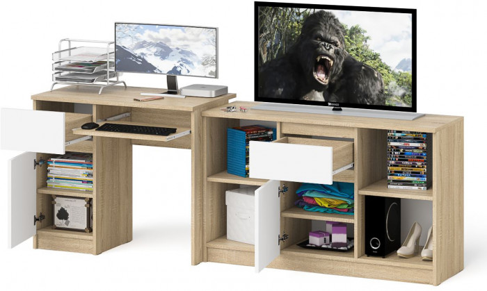 Мори Стол компьютерный МС-1 левый + Тумба МТВ1204.1, цвет дуб сонома/белый, ШхГхВ 210,4х50х76,6 см., выдвижной ящик слева, НЕ универсальная сборка