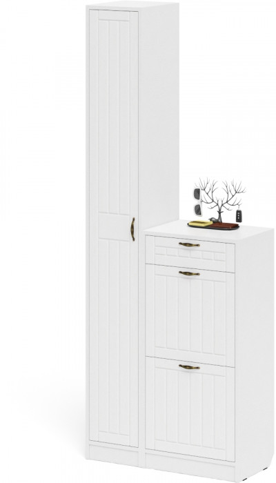 Прихожая П-6 Компоновка № 22, цвет белая шагрень/фасады МДФ белое дерево фрезеровка прованс, ШхГхВ 80х35х210 см., универсальная сборка