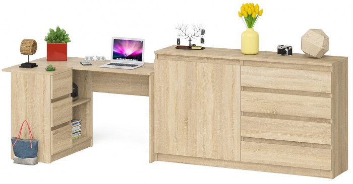 Мори Стол компьютерный МС-16 левый + Комод МК1600.1, цвет дуб сонома, ШхГхВ 284,8х84,9х94 см., выдвижные ящики слева, НЕ универсальная сборка