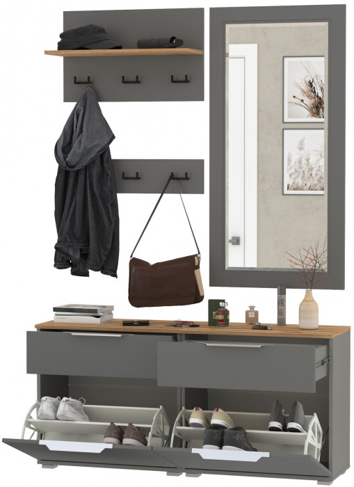 Октава Прихожая 40, цвет серый графит/дуб крафт золотой/фасады МДФ серый графит, ШхГхВ 129,8х35,4х197 см., универсальная сборка