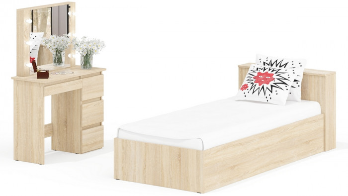 Ксения Кровать с ящиками 0900 + Стол косметический с подсветкой Сура, дуб сонома