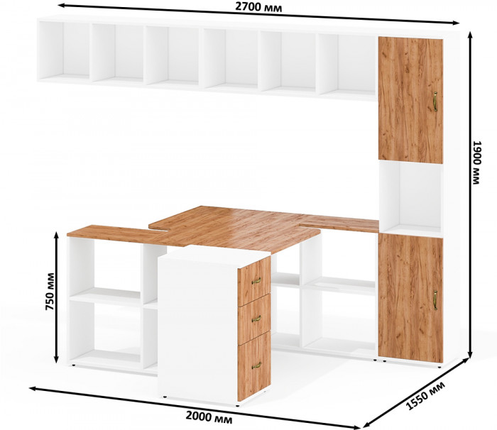 Лидер-8 Стол + Полка + Стол + Полка + Пенал + Тумба МД 3.16, белый шагрень/крафт золото