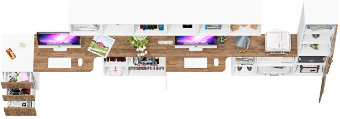 Лидер-8 Стол + Полка + Стол + Полка + Пенал + Тумба МД 3.16, белый шагрень/крафт золото