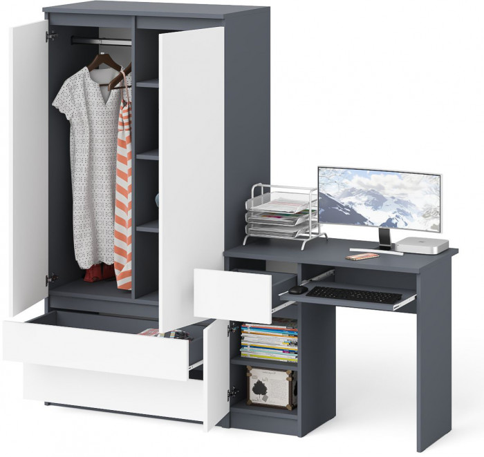 Мори компьютерный стол МС-1 левый + Шкаф МШ900.1, графит/белый