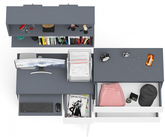 Мори компьютерный стол МС-1 правый + Комод МК800.4 + Полка 900, графит/белый