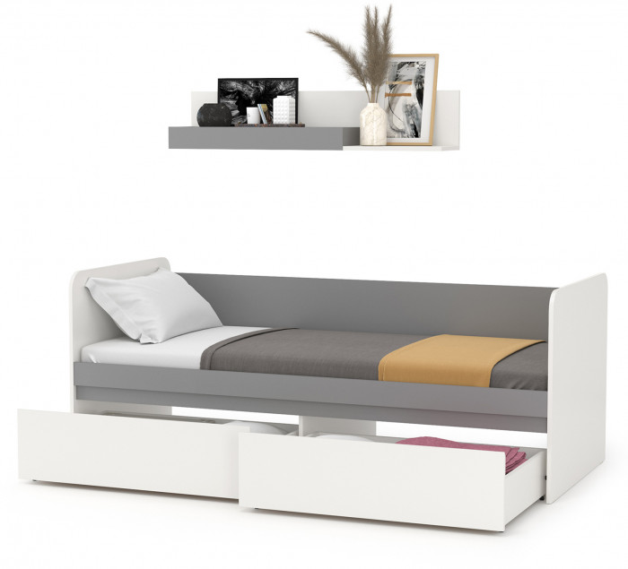 Торонто 11.39 Кровать + 16.475 Полка, цвет белый шагрень/стальной серый, ШхГхВ 194х84,4х150 см., сп. м. 800х1900 мм., б/м, основание есть