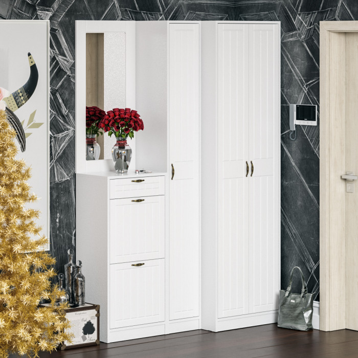 Прихожая П-6-350 Пенал, белая шагрень/фасады МДФ белое дерево фрезеровка прованс