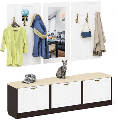 Прихожая П-6 Компоновка № 03, цвет венге/фасады МДФ белое дерево фрезеровка прованс, ШхГхВ 180х35х200 см., универсальная сборка