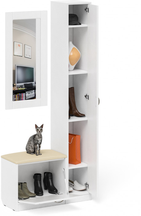 Прихожая П-6 Компоновка № 20, цвет белая шагрень/фасады МДФ белое дерево фрезеровка прованс, ШхГхВ 90х35х210 см., универсальная сборка