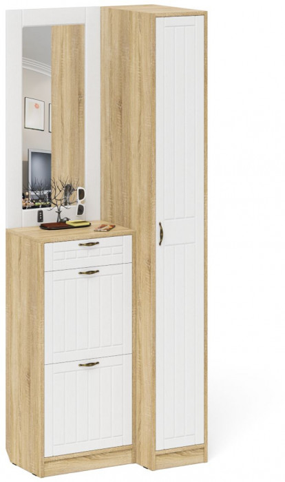 Прихожая П-6 Компоновка № 43, цвет дуб сонома/фасады МДФ белое дерево фрезеровка прованс, ШхГхВ 80х50х210 см., универсальная сборка