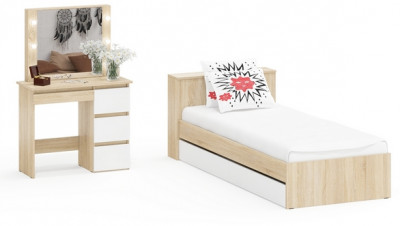Ксения Кровать с ящиками 0900 + Стол косметический с подсветкой Сура, дуб сонома/белый