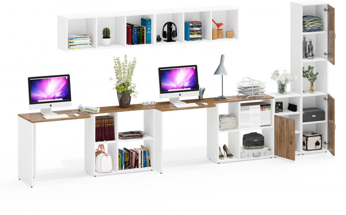 Лидер-8 Стол + Полка + Стол + Полка + Пенал + Тумба МД 3.19, белый шагрень/крафт золото