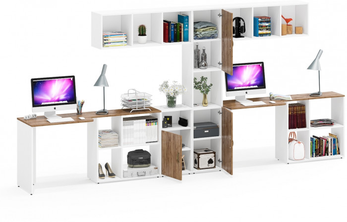 Лидер-8 Стол + Полка + Стол + Полка + Пенал + Тумба МД 3.19, белый шагрень/крафт золото