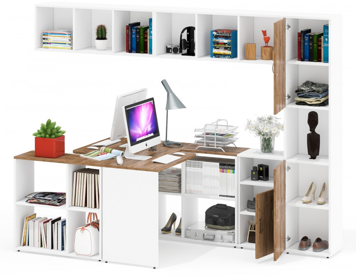 Лидер-8 Стол + Полка + Стол + Полка + Пенал + Тумба МД 3.19, белый шагрень/крафт золото