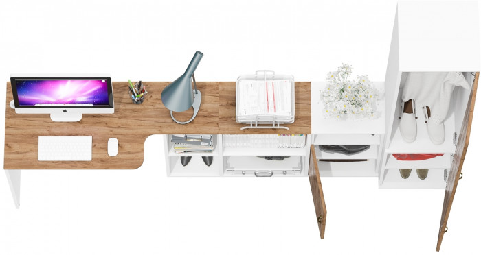 Лидер-8 Стол + Тумба МД 3.19 + Пенал МД 21Б, белый шагрень/крафт золото