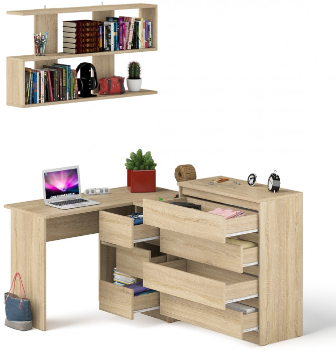Мори компьютерный стол МС-16 правый + Комод МК800.4 + Полка 1200, дуб сонома