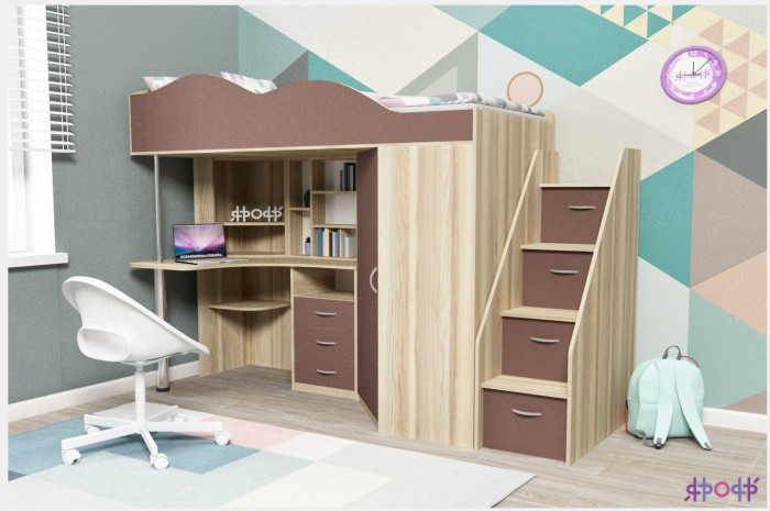 Кровать-чердак Пионер 1 (Белое дерево/Оранжевый)